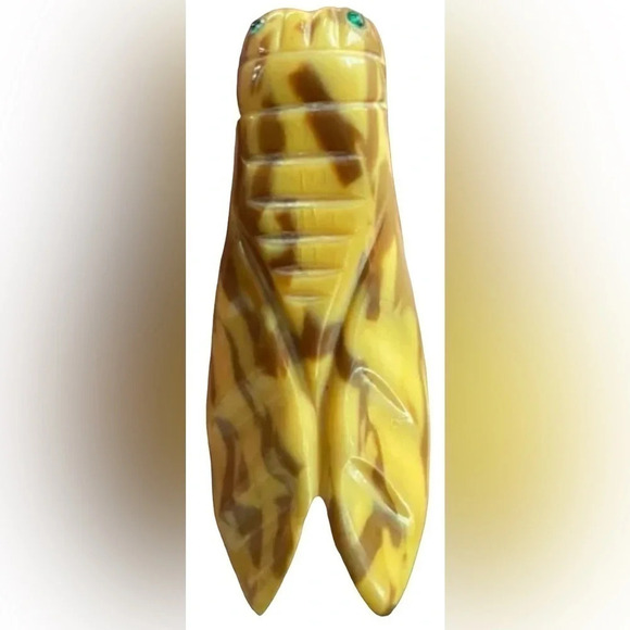 BAKELITE Vintage 1940s Butterscotch Chocolate Marbled Cicada Brooch Pin TESTED - Picture 3 of 5